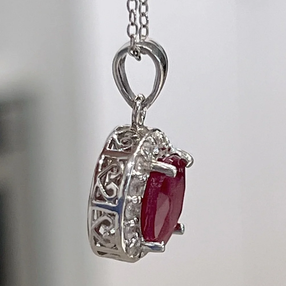 Niassa Ruby White Zircon Sterling Silver Halo Pendant Necklace - Picture 3 of 14